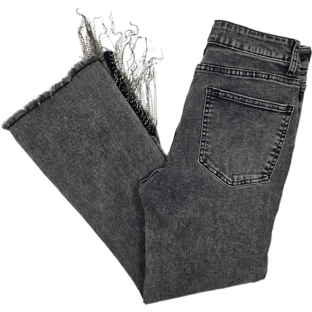 Blue B. Collection Size S Grey Acid Wash Rhinestone Fringe Flare Jeans